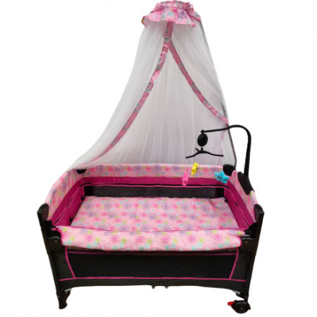 Patut bebe, 2 niveluri, cu laterala culisanta, baldachin cu suport inclus, masuta de infasat, roz [2]