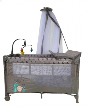 Patut bebe - Patut bebelusi, L-Sun, cu laterala culisanta, pliabil, include masa de infasat, cu baldachin si jucarie carusel