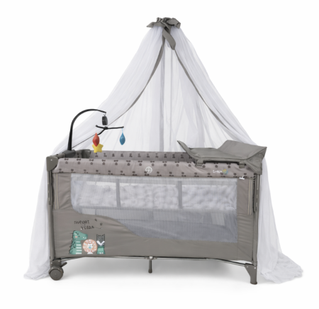 Patut bebe - Patut bebelusi, L-Sun, cu laterala culisanta, pliabil, include masa de infasat, cu baldachin si jucarie carusel, Bej