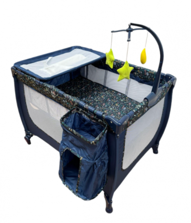 Patut pliabil, cu 2 nivele, masa de infasat, sac colector lateral, carusel, albastru [4]