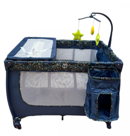 Patut bebe - Patut pliabil, cu 2 nivele, masa de infasat, sac colector lateral, carusel, albastru