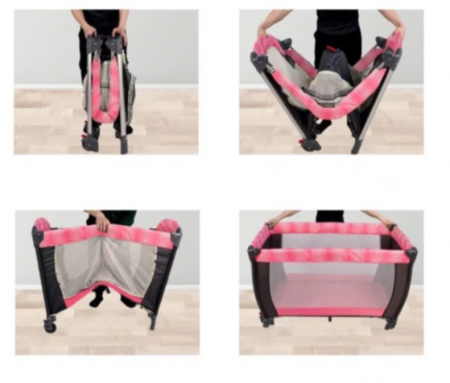 Patut pliabil, cu 2 nivele, masa de infasat, sac colector lateral, carusel, roz [4]
