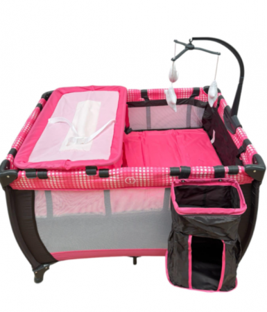 Patut pliabil, cu 2 nivele, masa de infasat, sac colector lateral, carusel, roz [3]