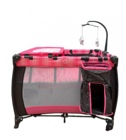 Patut pliabil, cu 2 nivele, masa de infasat, sac colector lateral, carusel, roz [1]