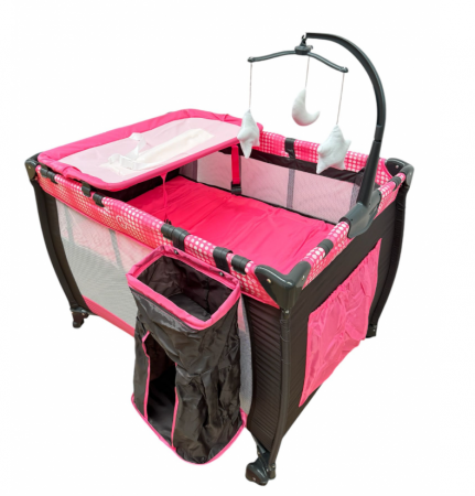 Patut bebe - Patut pliabil, cu 2 nivele, masa de infasat, sac colector lateral, carusel, roz
