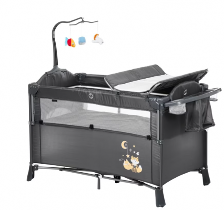 Pentru bebe - Patut pliabil, cu doua niveluri, laterala culisanta, Atestat SGS Elvetia, gri
