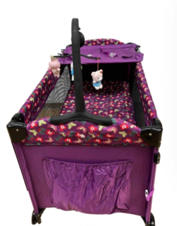 Patut pliabil, cu laterala culisanta, 2 niveluri, masa de infasat, carusel muzical, ciclame [3]