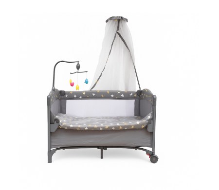 Patut bebe - Patut pliabil, cu laterala culisanta, 2 niveluri, masa de infasat, carusel muzical, gri