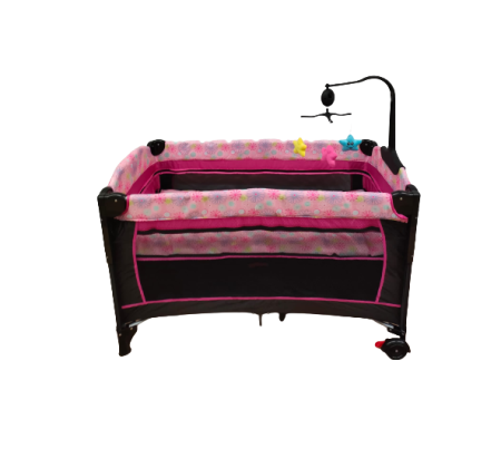 Patut bebe - Patut pliabil, cu laterala culisanta, 2 niveluri, masa de infasat, carusel muzical, roz