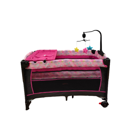 Patut pliabil, cu laterala culisanta, 2 niveluri, masa de infasat, carusel muzical, roz [3]