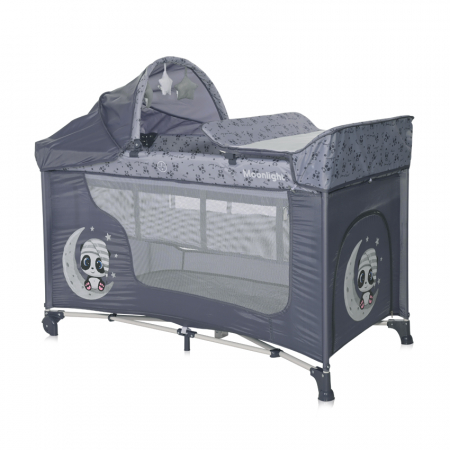 Pentru bebe - Patut pliabil, Moonlight Plus, 2 nivele cu accesorii, Cool Grey Pandas