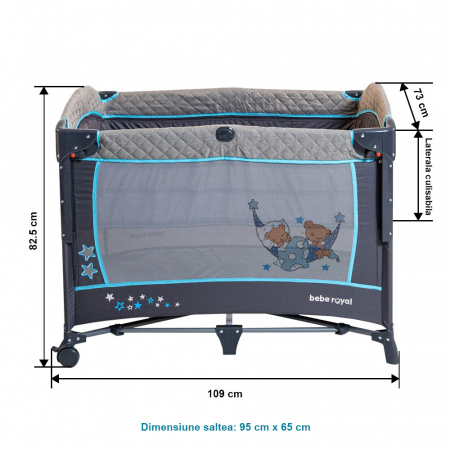 Patut pliant cu 2 nivele si laterala culisanta DREAMING BEAR albastru, dimensiune exterioara 109 x 73 x 82.5 cm, Beberoyal [3]