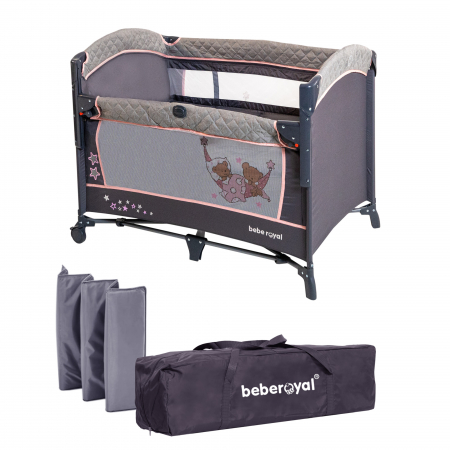 Pentru bebe - Patut pliant cu 2 nivele si laterala culisanta DREAMING BEAR roz, dimensiune exterioara 109 x 73 x 82.5 cm, Beberoyal