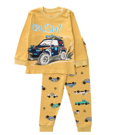 Pijamale - Pijama copii, bumbac fin, model truck, galben