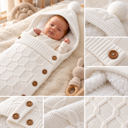 Haine bebe fetite - Portbebe Tricotat pentru Nou-Născuți – Confort, Căldură și Eleganță încă din Primele Zile, alb