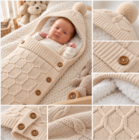 Haine bebe fetite - Portbebe Tricotat pentru Nou-Născuți – Confort, Căldură și Eleganță încă din Primele Zile, bej
