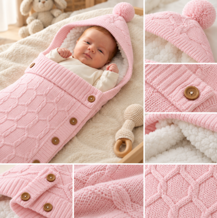 Haine bebe fetite - Portbebe Tricotat pentru Nou-Născuți – Confort, Căldură și Eleganță încă din Primele Zile, Roz