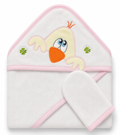 Prosop de baie - Prosop baie pentru bebe, cu capison si manusa, Model Puisor nou nascut