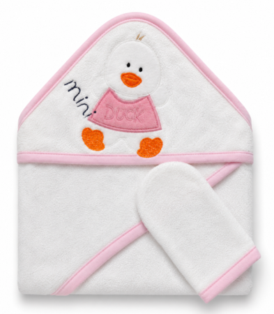 Prosop de baie - Prosop baie pentru bebe, cu capison si manusa, Model Ratusca, roz