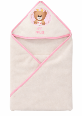 Prosop de baie - Prosop bebe, cu capison si manusa, model ursulet, Roz