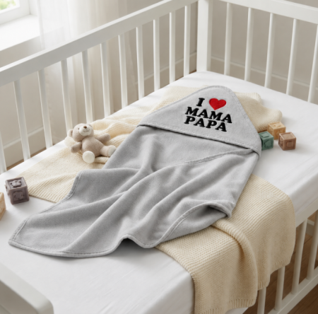 Haine bebe fetite - Prosop cu glugă pentru bebeluși din bumbac – confort delicat și absorbție excelentă, Imi iubesc parintii, Gri