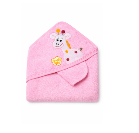 Prosop de baie - Prosop cu glugă pentru bebeluși, roz, cu broderie girafă