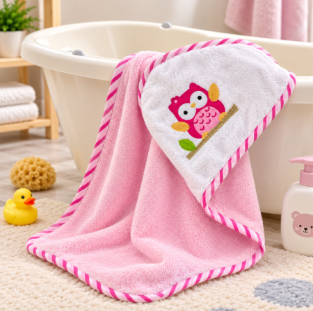 Prosop de baie - Prosop de baie pentru bebe cu glugă – moale și absorbant, Bufnita roz