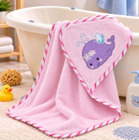 Haine bebe fetite - Prosop de baie pentru bebe cu glugă – moale și absorbant, Elefantel norocos, roz