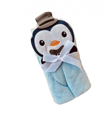 Prosop de baie - Prosop de baie pentru bebelusi, cu gluga, densitate mare, 360g/mp, Model pinguin albastru