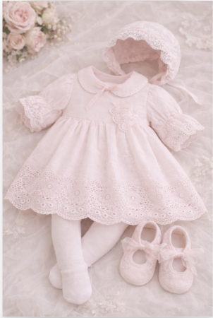 Rochite bebeluse - Rochiță elegantă, Broderie sparta, la set cu dres, boneta si pantofiori