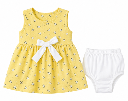 Haine bebe fetite - Rochita, Flori de camp, Bumbac 100%, Cu chilotel, Galbena