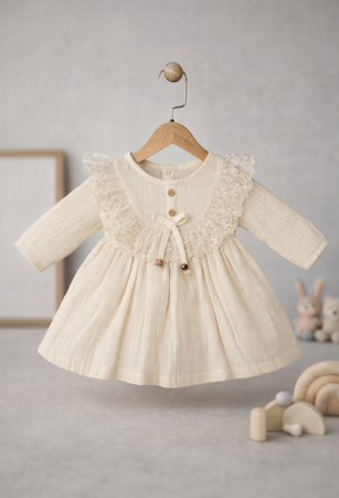 Costumase primavara-vara - Rochita muselina cu detalii din dantela, Bej