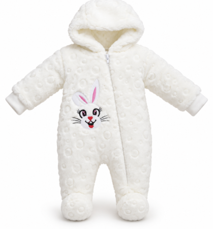 Haine bebe baietei - Salopetă bebe Cocolino cu glugă și design iepuraș – moale, pufoasă și călduroasă, Alba