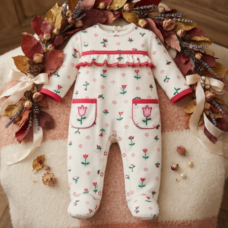 Haine bebe fetite - Salopetă bebe, cu botoșei și imprimeu floral, roz