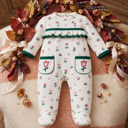 Haine bebe fetite - Salopetă bebe, cu botoșei și imprimeu floral, Verde crud