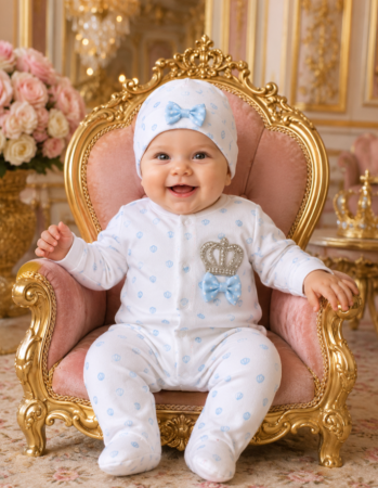 Set nou nascut - Salopeta bebe, cu coronita, Model Regal, Albastru