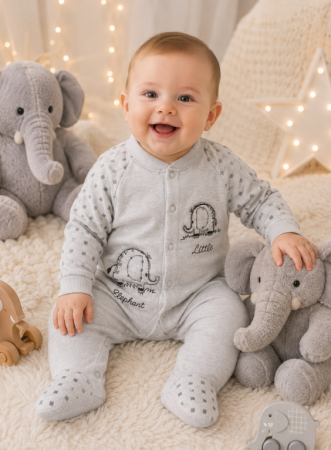 Haine bebe baietei - Salopetă bebe din bumbac – confort și delicatețe pentru pielea bebelușului, Elefantel Norocos, gri