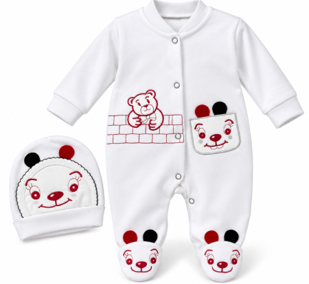 Costumase toamna-iarna - Salopetă bebe, din bumbac, cu căciuliță, alba