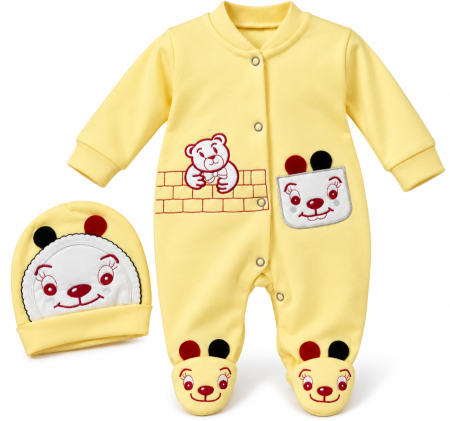 Costumase toamna-iarna - Salopetă bebe, din bumbac, cu căciuliță, Galben