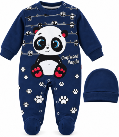 Set nou nascut - Salopetă bebe din bumbac cu imprimeu panda și botoșei, Albastra