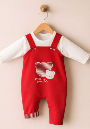 Haine bebe fetite - Salopeta bebe, din catifea, cu bluza, Me Smile, Rosu