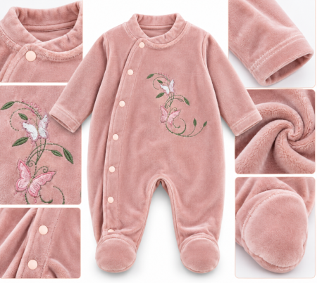 Costumase toamna-iarna - Salopetă bebe din catifea cu botoșei integrați, căciuliță, Broderie floricele