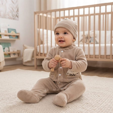 Costumase toamna-iarna - Salopetă bebe din catifea cu botoșei integrați, căciuliță, Oita vesela, Bej