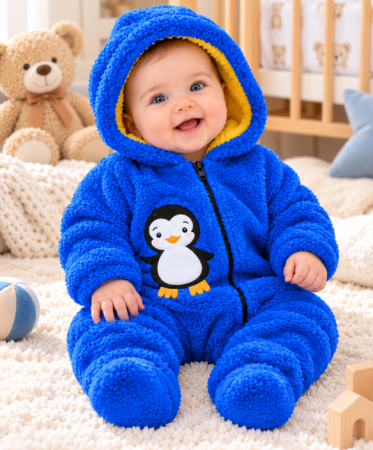 Haine bebe baietei - Salopetă Cocolino pentru bebeluși cu glugă și fermoar, Pinguin, Albastru