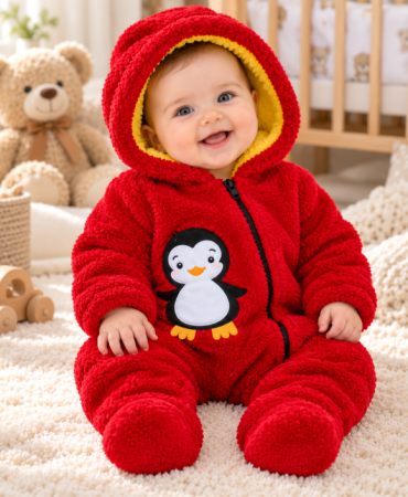 Haine bebe fetite - Salopetă Cocolino pentru bebeluși cu glugă și fermoar, Pinguin, Rosu