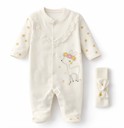 Set nou nascut - Salopeta cu bentita asortata, Caprioara cu coronita de flori, Alb
