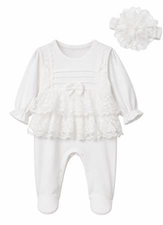 Haine bebe fetite - Salopeta cu bentita, Eleganta, cu dantela si bentita, Alba
