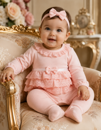 Haine bebe fetite - Salopeta cu bentita, Eleganta, cu dantela si bentita, Roz
