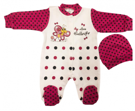 Salopete - Salopeta cu caciulita, bebe, fluturas, roz