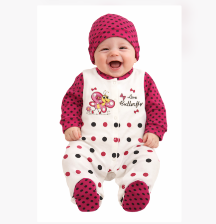 Salopete - Salopeta cu caciulita, bebe, fluturas, roz